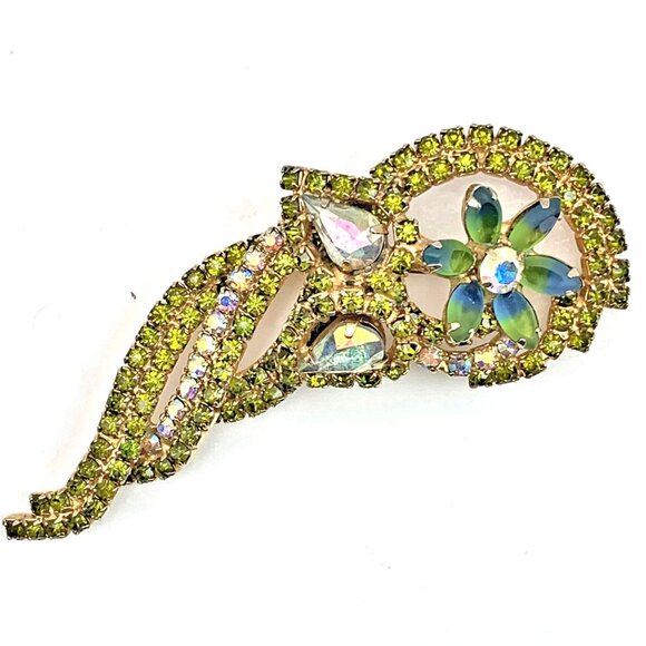 Large Hobe vintage flower accent green + AB rhinestones long pin brooch, signed - Picture 1 of 5